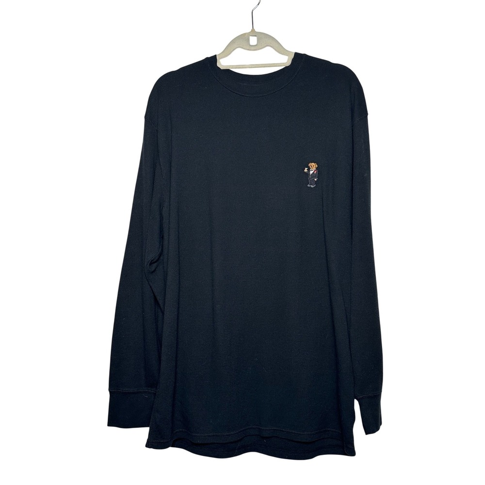 Polo Ralph Lauren Mens Black Waffle Knit Thermal Polo Bear Tuxedo Shirt Size 2XL